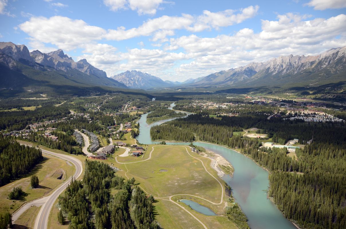 14A Canmore From Helicopter in Summer With Mount Rundle And Cascade Mountain On Left